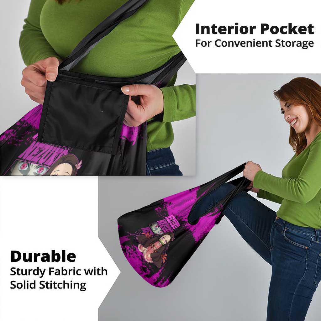 Nezuko Kamado Demon Slayer Pink Grunge Design Grocery Bag with Fierce Eyes and Cute Sitting Pose - The Mazicc