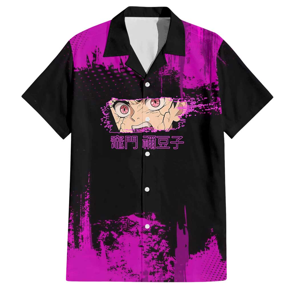 Nezuko Kamado Demon Slayer Pink Grunge Design Hawaiian Shirt with Fierce Eyes and Cute Sitting Pose - The Mazicc