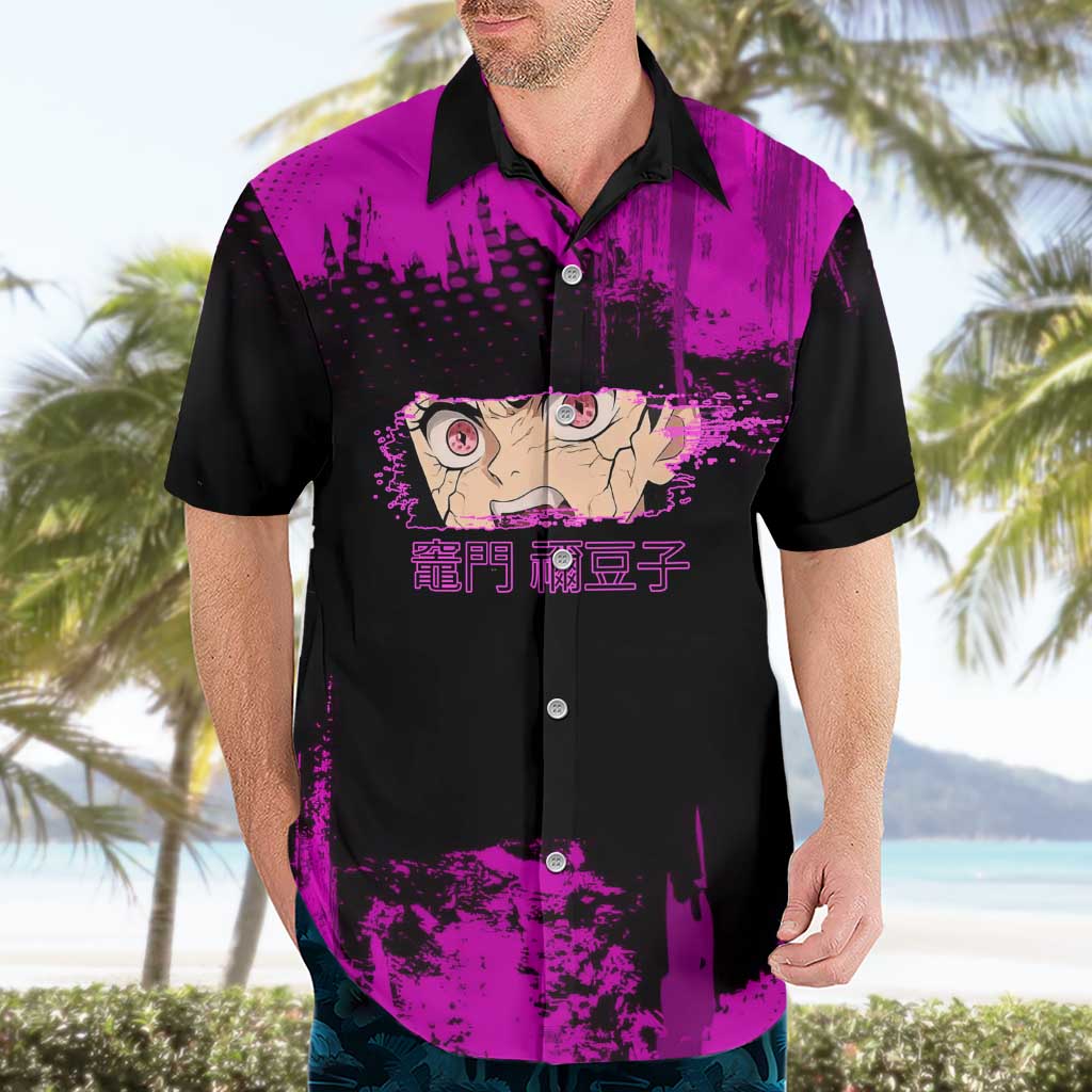 Nezuko Kamado Demon Slayer Pink Grunge Design Hawaiian Shirt with Fierce Eyes and Cute Sitting Pose - The Mazicc
