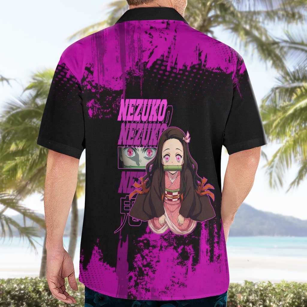 Nezuko Kamado Demon Slayer Pink Grunge Design Hawaiian Shirt with Fierce Eyes and Cute Sitting Pose - The Mazicc