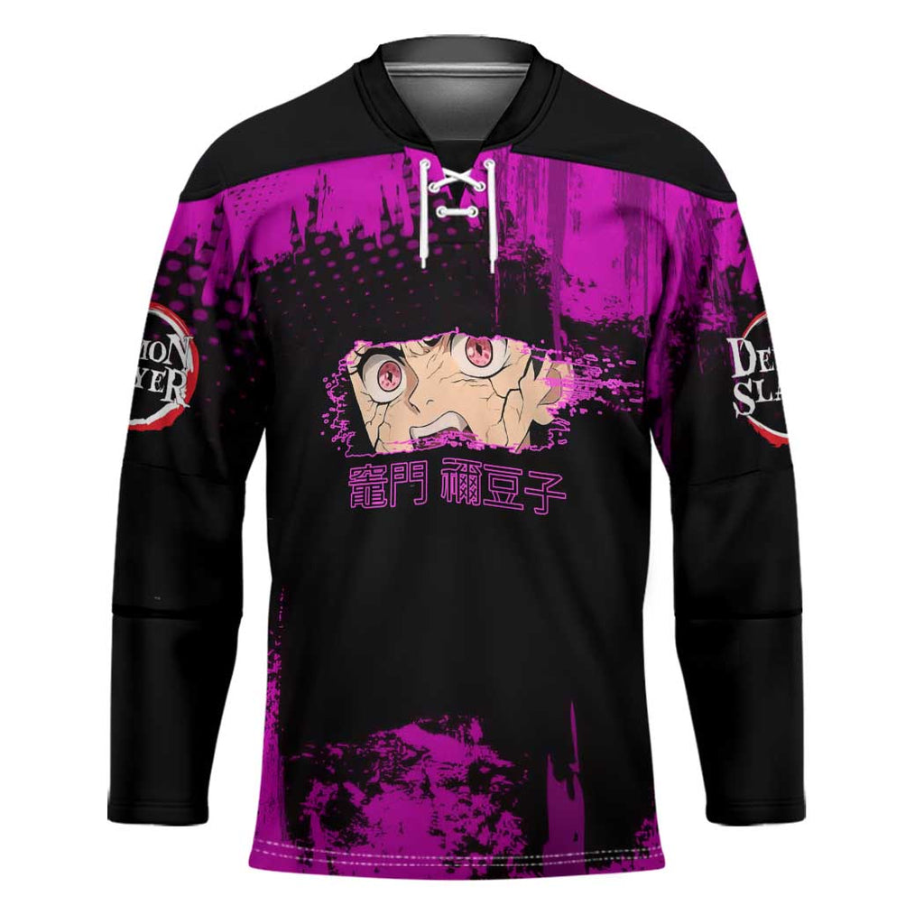 Nezuko Kamado Demon Slayer Pink Grunge Design Hockey Jersey with Fierce Eyes and Cute Sitting Pose - The Mazicc
