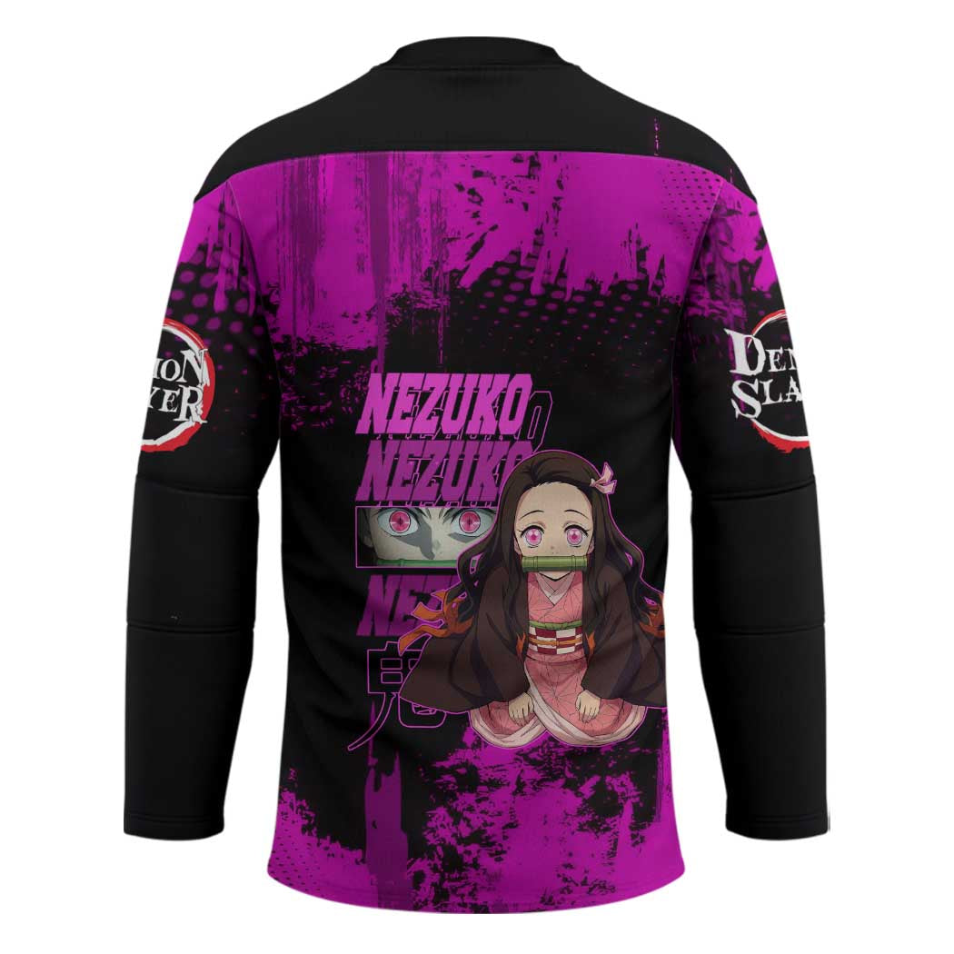 Nezuko Kamado Demon Slayer Pink Grunge Design Hockey Jersey with Fierce Eyes and Cute Sitting Pose - The Mazicc