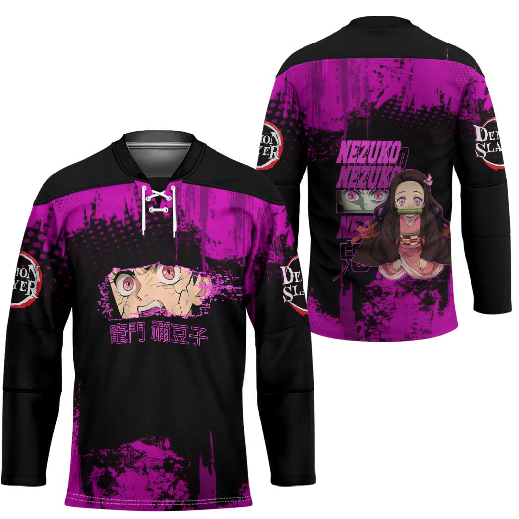 Nezuko Kamado Demon Slayer Pink Grunge Design Hockey Jersey with Fierce Eyes and Cute Sitting Pose - The Mazicc