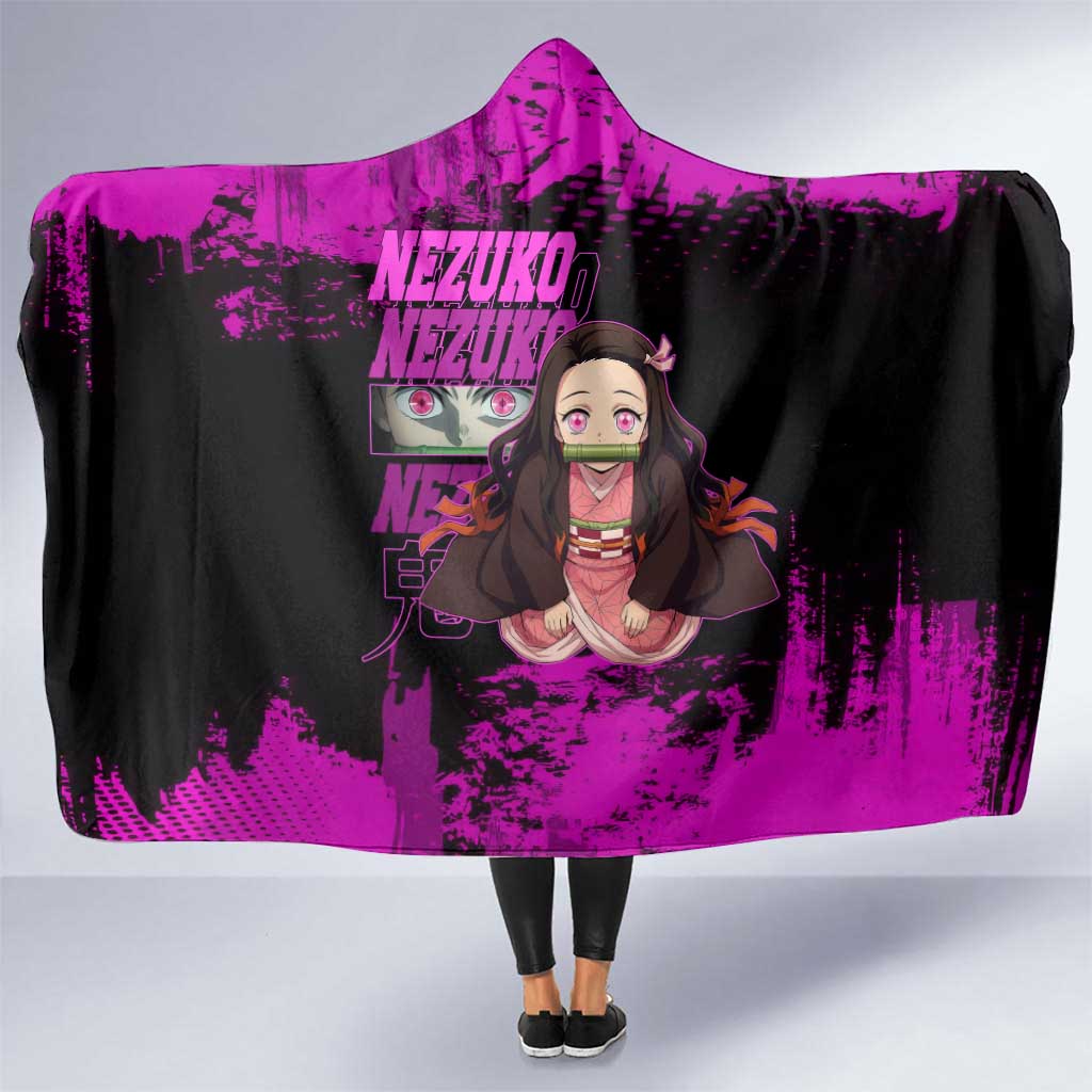 Nezuko Kamado Demon Slayer Pink Grunge Design Hooded Blanket with Fierce Eyes and Cute Sitting Pose - The Mazicc