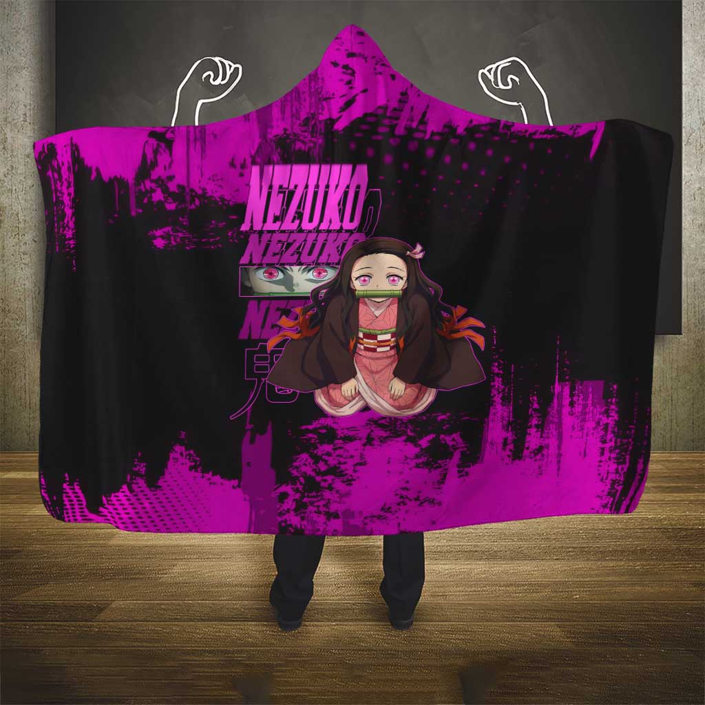 Nezuko Kamado Demon Slayer Pink Grunge Design Hooded Blanket with Fierce Eyes and Cute Sitting Pose - The Mazicc