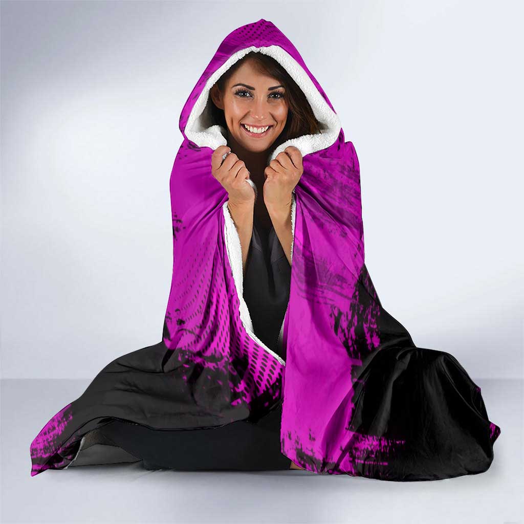 Nezuko Kamado Demon Slayer Pink Grunge Design Hooded Blanket with Fierce Eyes and Cute Sitting Pose - The Mazicc