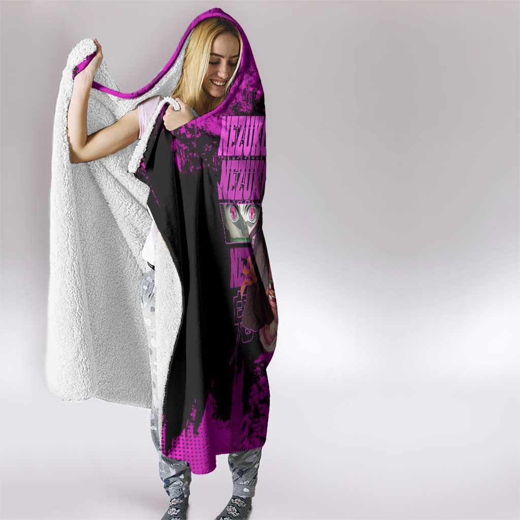 Nezuko Kamado Demon Slayer Pink Grunge Design Hooded Blanket with Fierce Eyes and Cute Sitting Pose - The Mazicc