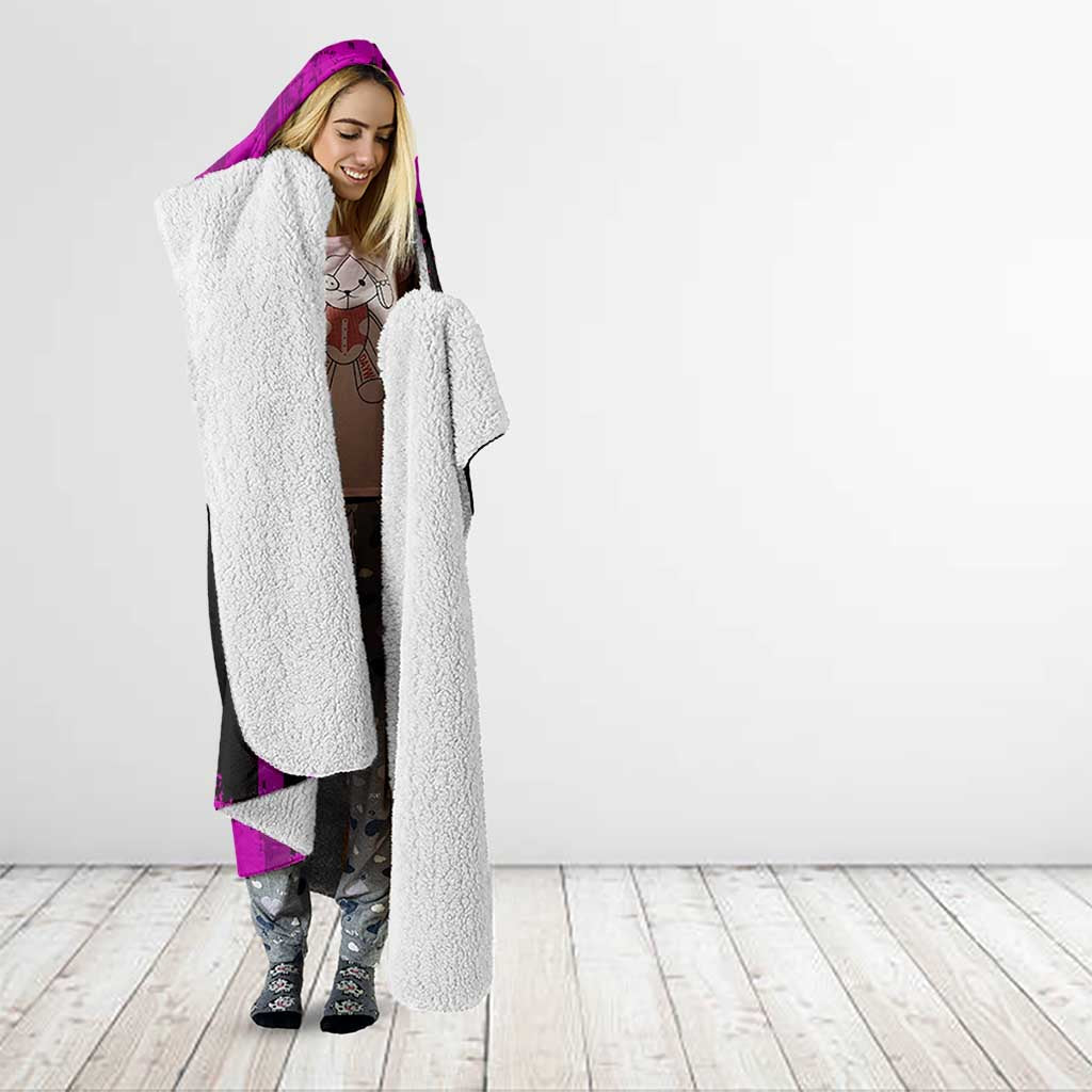 Nezuko Kamado Demon Slayer Pink Grunge Design Hooded Blanket with Fierce Eyes and Cute Sitting Pose - The Mazicc