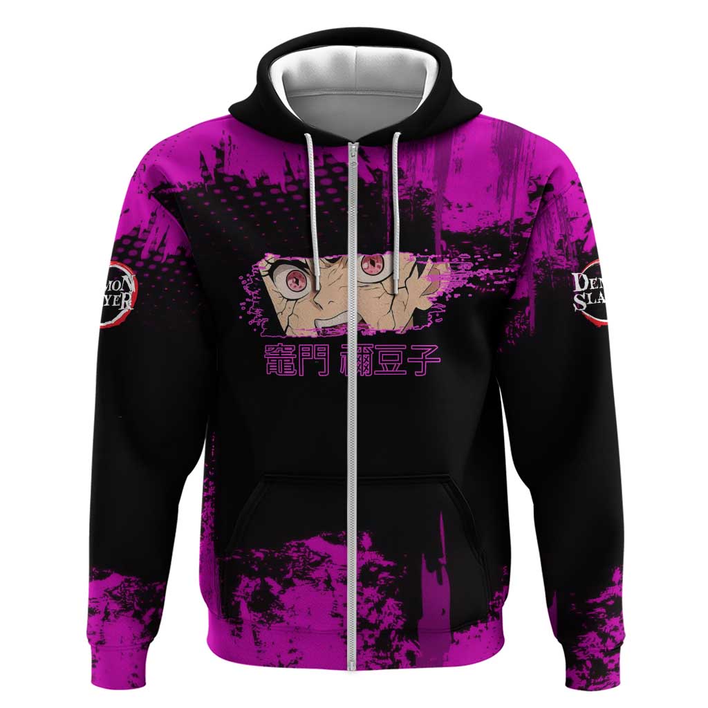Nezuko Kamado Demon Slayer Pink Grunge Design Hoodie with Fierce Eyes and Cute Sitting Pose - The Mazicc