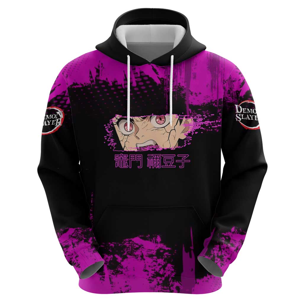 Nezuko Kamado Demon Slayer Pink Grunge Design Hoodie with Fierce Eyes and Cute Sitting Pose - The Mazicc