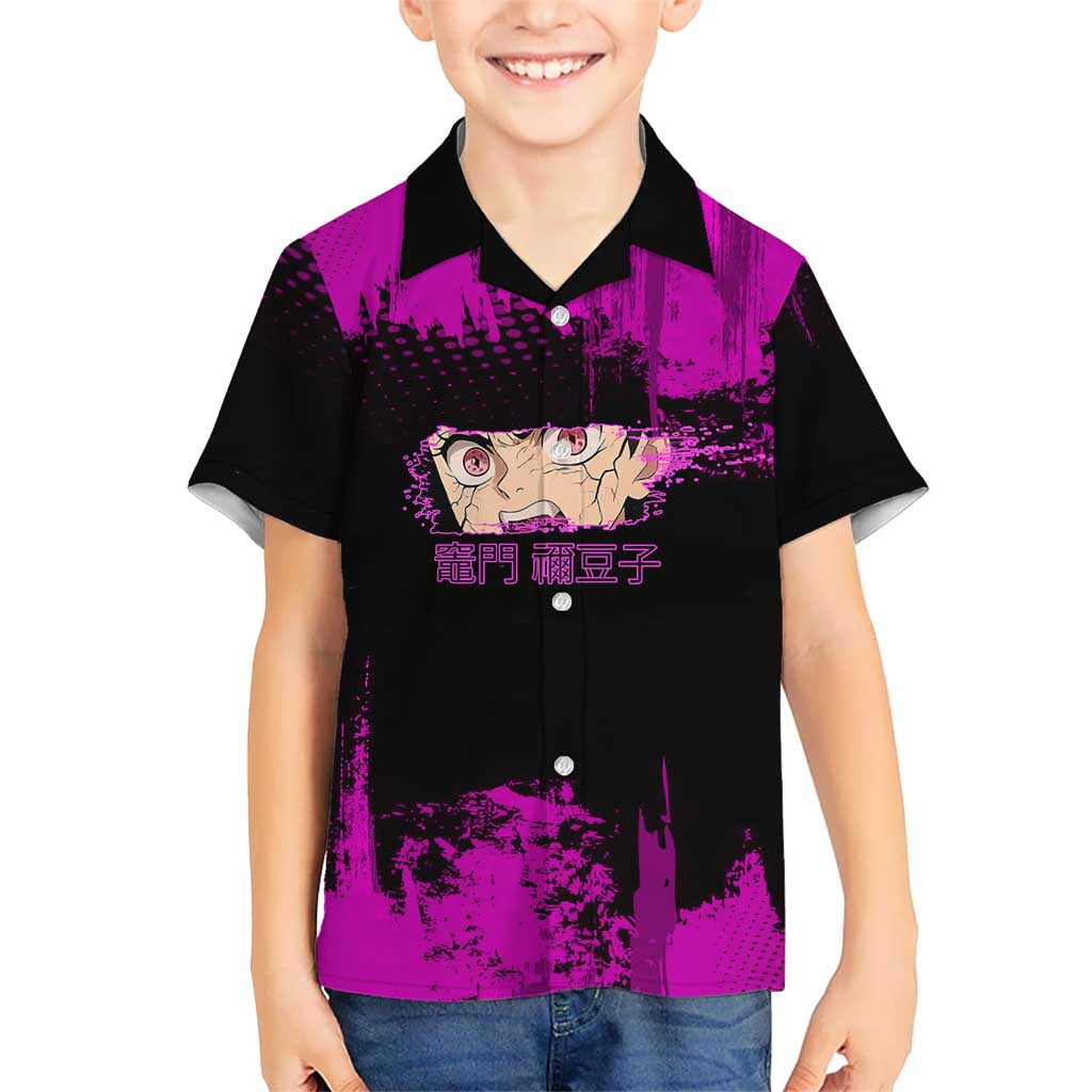 Nezuko Kamado Demon Slayer Pink Grunge Design Kid Hawaiian Shirt with Fierce Eyes and Cute Sitting Pose - The Mazicc