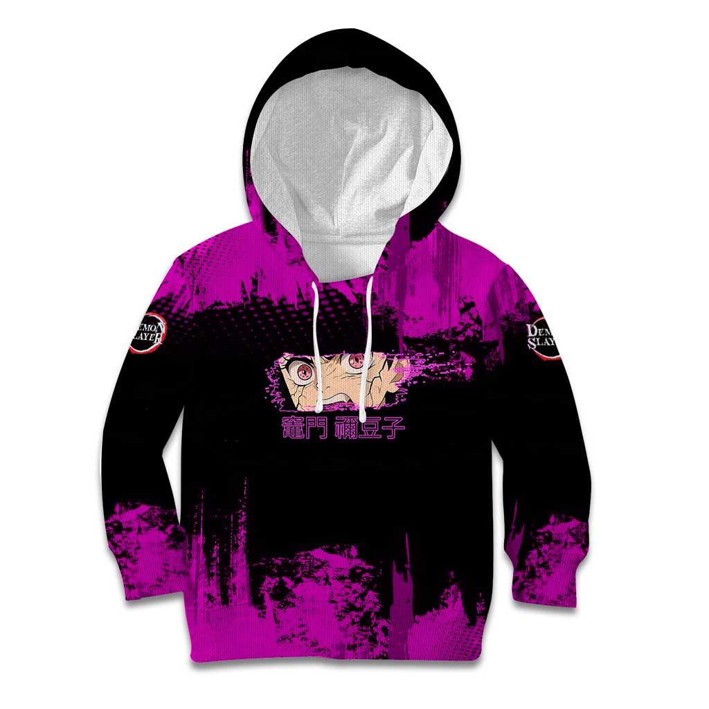 Nezuko Kamado Demon Slayer Pink Grunge Design Kid Hoodie with Fierce Eyes and Cute Sitting Pose - The Mazicc