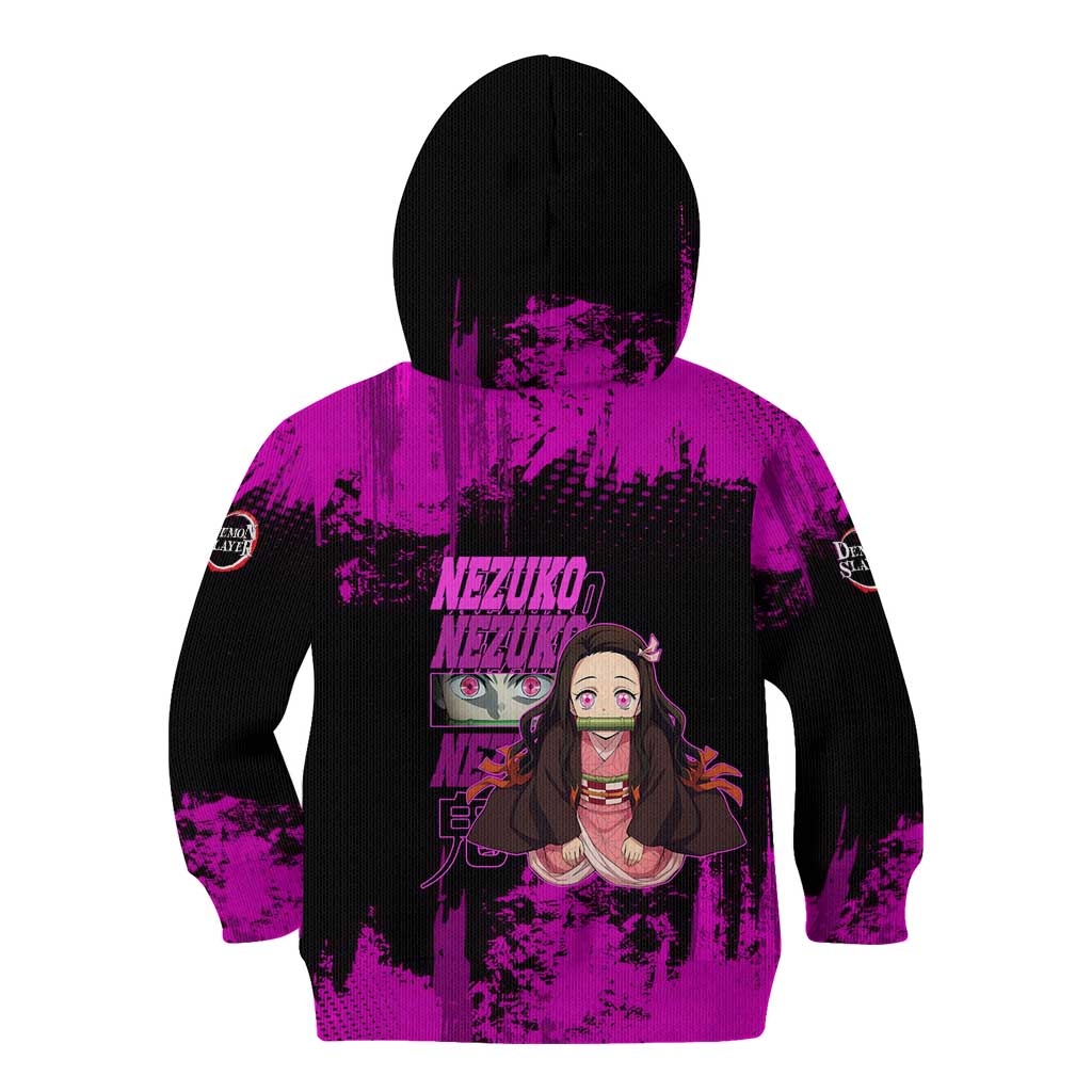 Nezuko Kamado Demon Slayer Pink Grunge Design Kid Hoodie with Fierce Eyes and Cute Sitting Pose - The Mazicc
