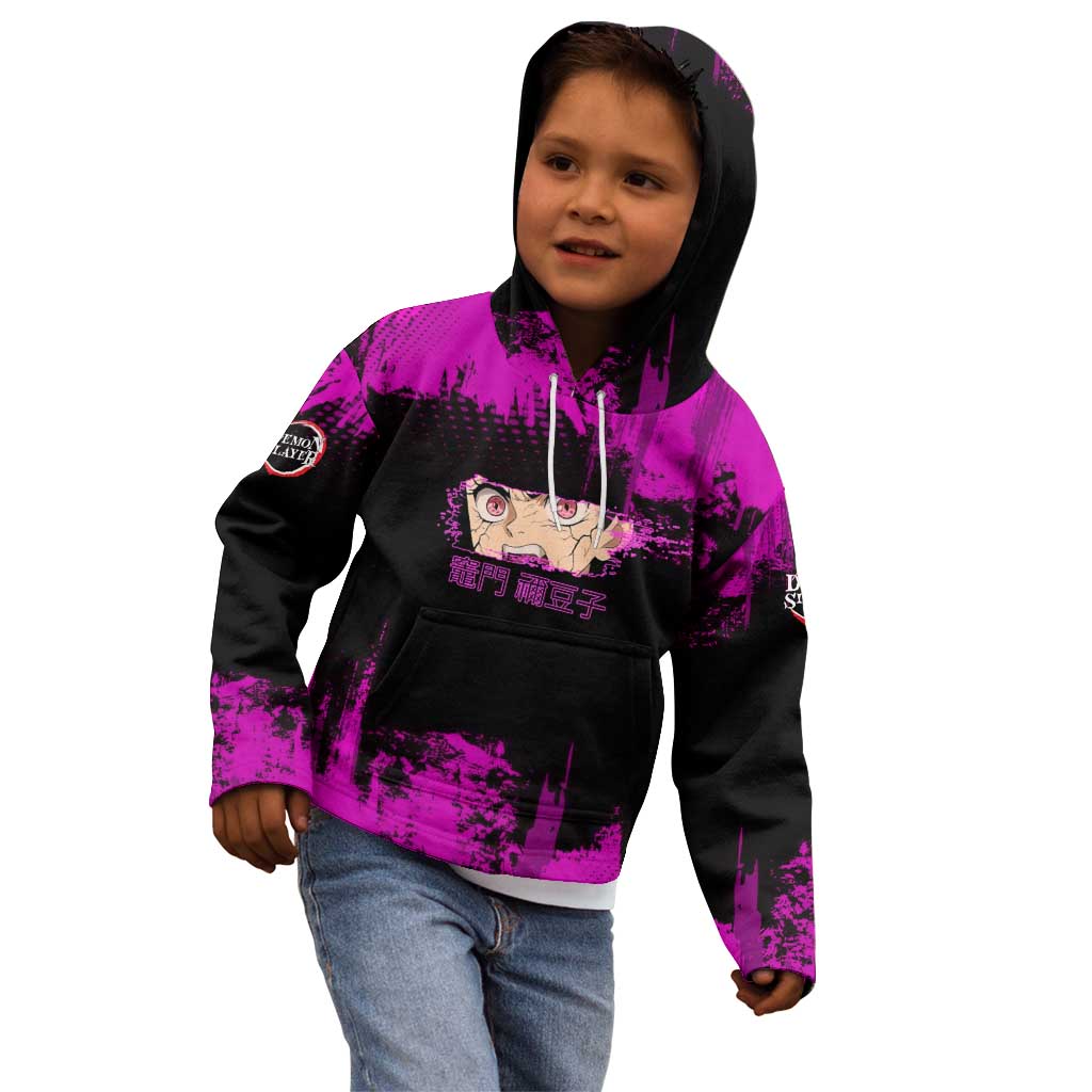 Nezuko Kamado Demon Slayer Pink Grunge Design Kid Hoodie with Fierce Eyes and Cute Sitting Pose - The Mazicc