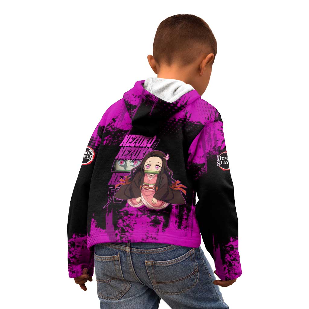 Nezuko Kamado Demon Slayer Pink Grunge Design Kid Hoodie with Fierce Eyes and Cute Sitting Pose - The Mazicc