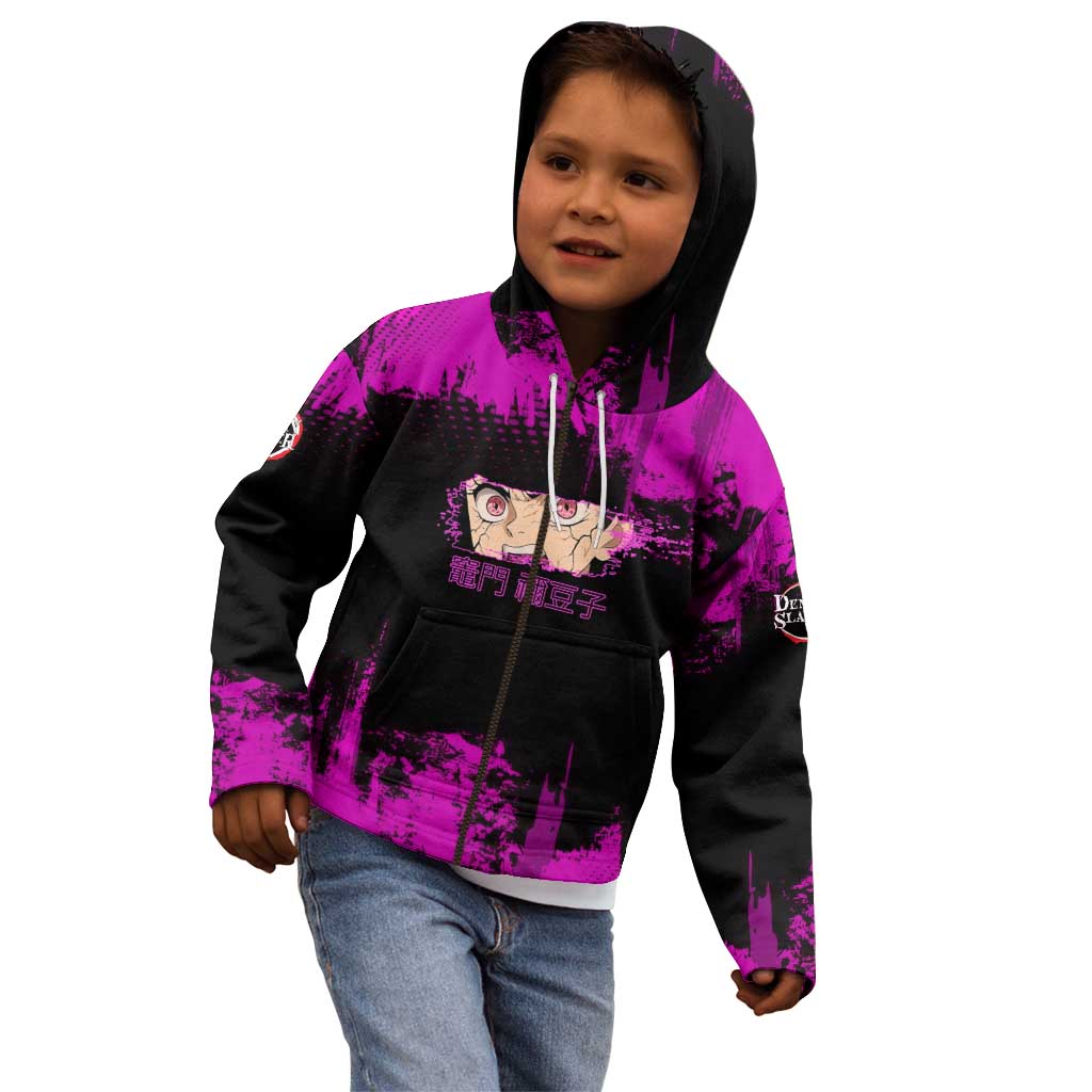 Nezuko Kamado Demon Slayer Pink Grunge Design Kid Hoodie with Fierce Eyes and Cute Sitting Pose - The Mazicc