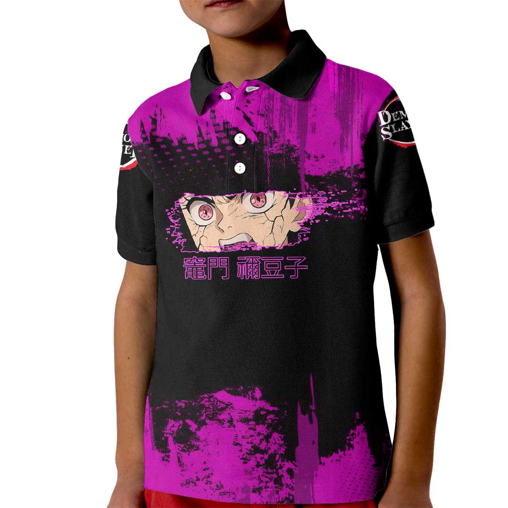 Nezuko Kamado Demon Slayer Pink Grunge Design Kid Polo Shirt with Fierce Eyes and Cute Sitting Pose - The Mazicc