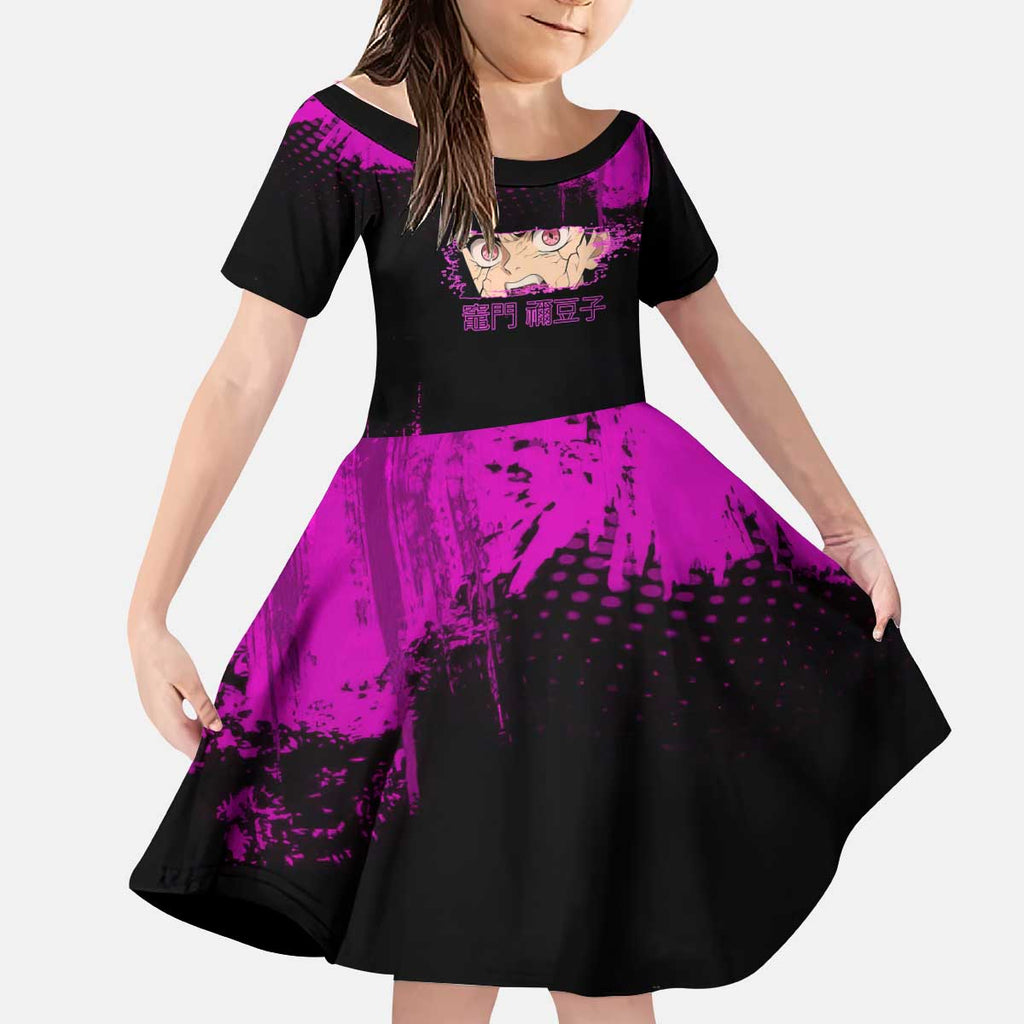Nezuko Kamado Demon Slayer Pink Grunge Design Kid Short Sleeve Dress with Fierce Eyes and Cute Sitting Pose - The Mazicc