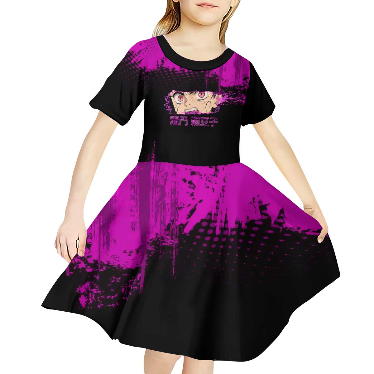 Nezuko Kamado Demon Slayer Pink Grunge Design Kid Short Sleeve Dress with Fierce Eyes and Cute Sitting Pose - The Mazicc