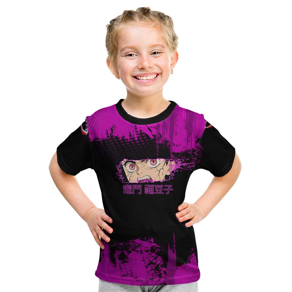 Nezuko Kamado Demon Slayer Pink Grunge Design Kid T Shirt with Fierce Eyes and Cute Sitting Pose - The Mazicc