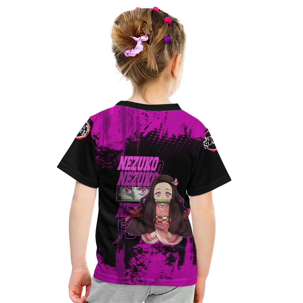 Nezuko Kamado Demon Slayer Pink Grunge Design Kid T Shirt with Fierce Eyes and Cute Sitting Pose - The Mazicc