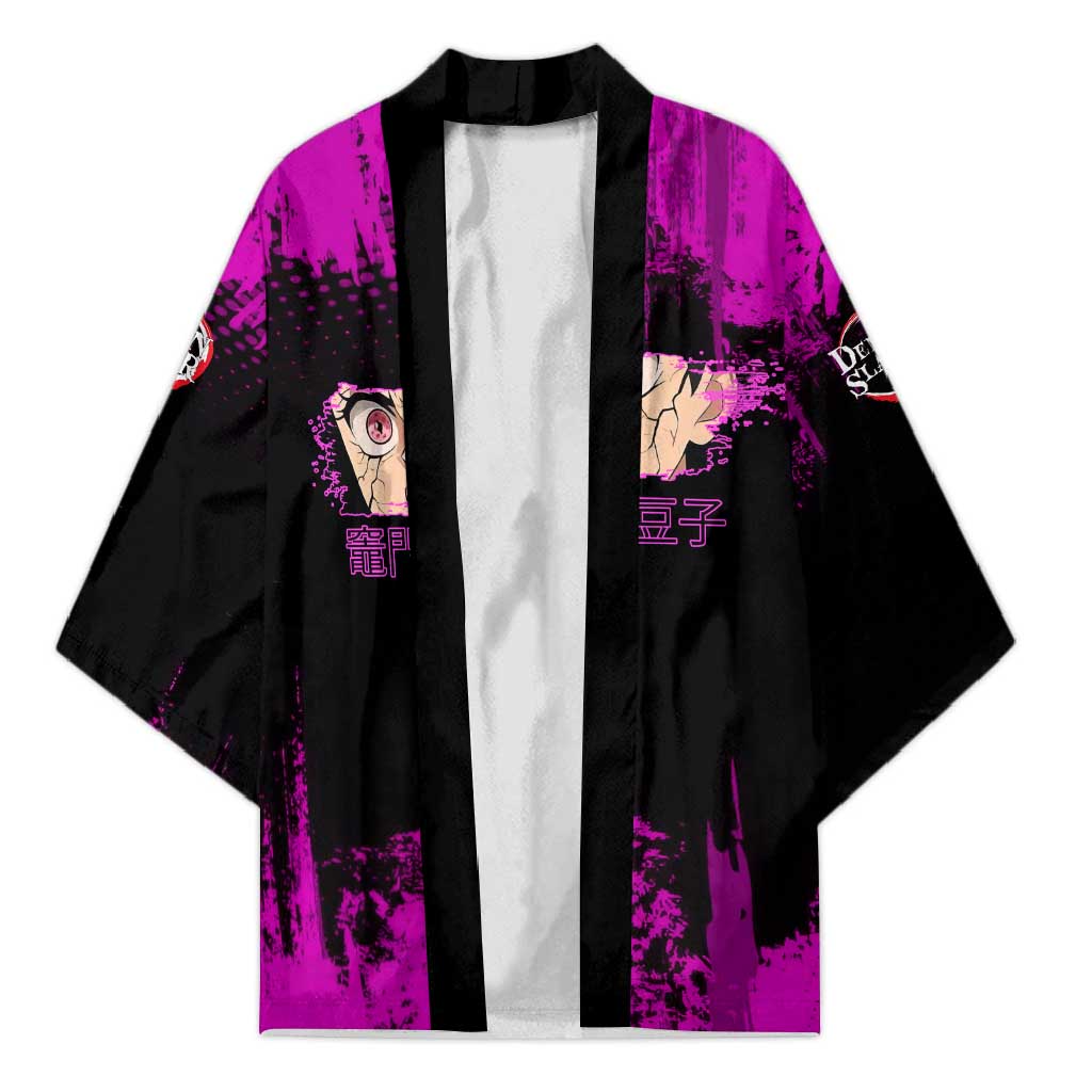 Nezuko Kamado Demon Slayer Pink Grunge Design Kimono with Fierce Eyes and Cute Sitting Pose - The Mazicc