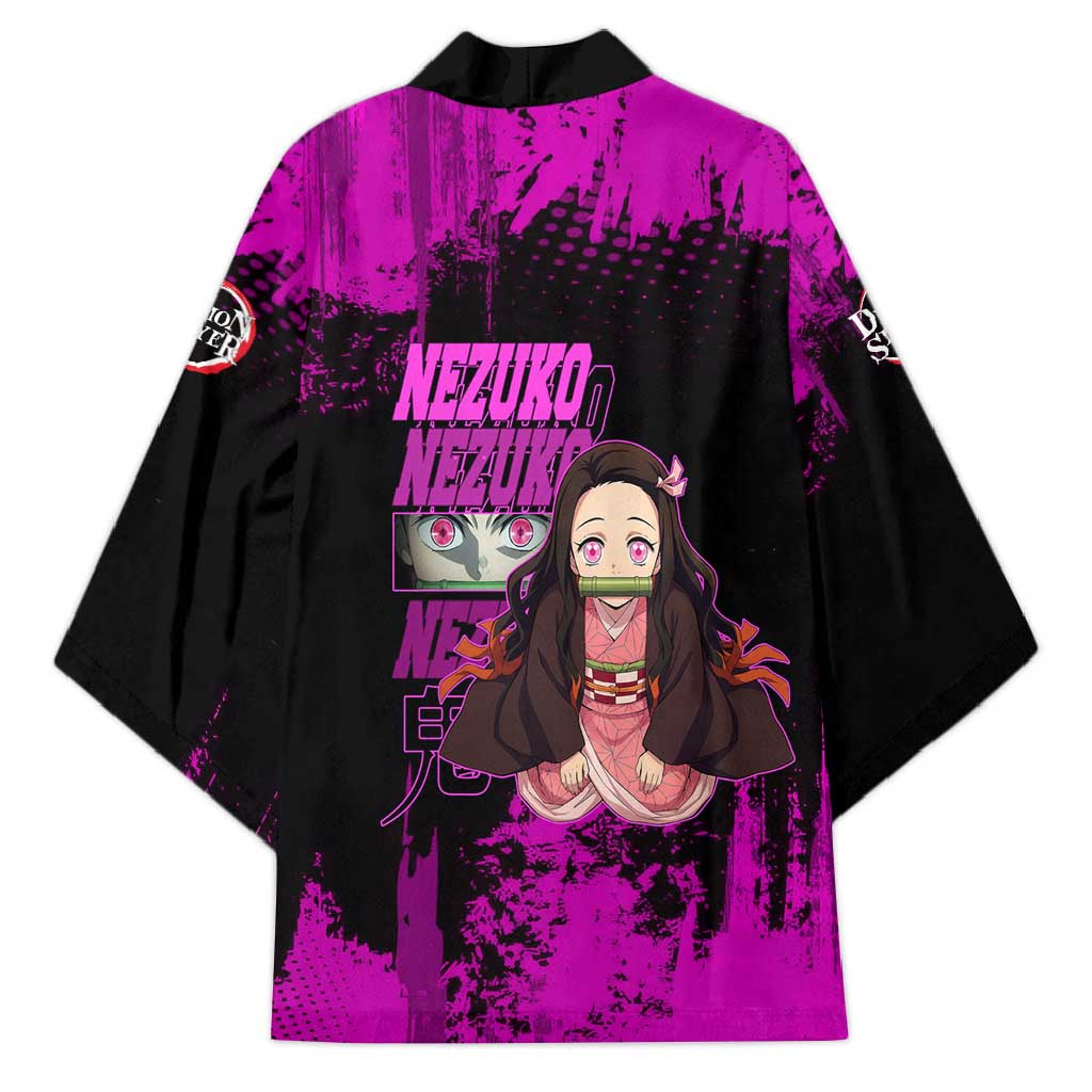 Nezuko Kamado Demon Slayer Pink Grunge Design Kimono with Fierce Eyes and Cute Sitting Pose - The Mazicc