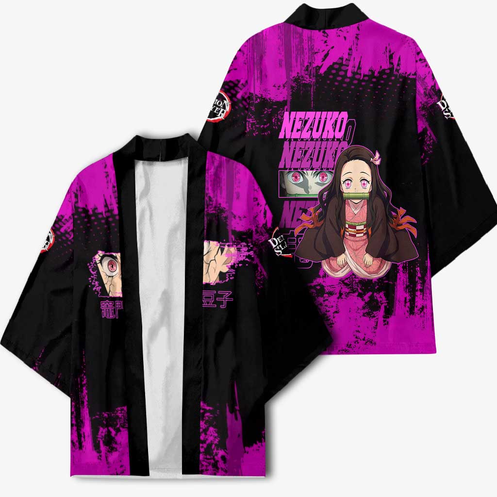 Nezuko Kamado Demon Slayer Pink Grunge Design Kimono with Fierce Eyes and Cute Sitting Pose - The Mazicc