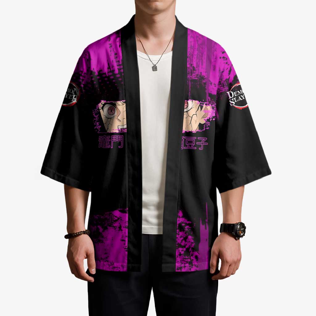 Nezuko Kamado Demon Slayer Pink Grunge Design Kimono with Fierce Eyes and Cute Sitting Pose - The Mazicc