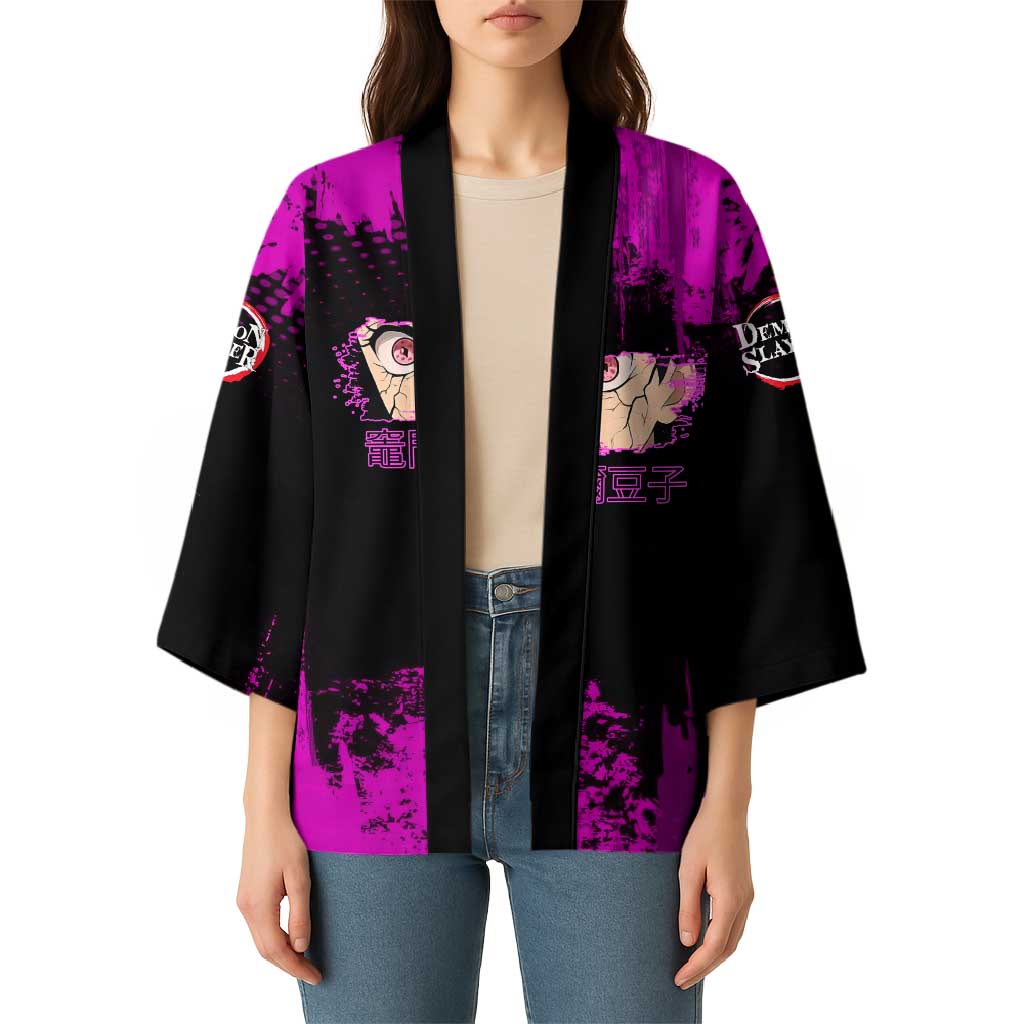 Nezuko Kamado Demon Slayer Pink Grunge Design Kimono with Fierce Eyes and Cute Sitting Pose - The Mazicc