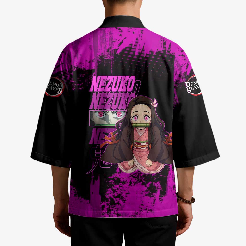 Nezuko Kamado Demon Slayer Pink Grunge Design Kimono with Fierce Eyes and Cute Sitting Pose - The Mazicc