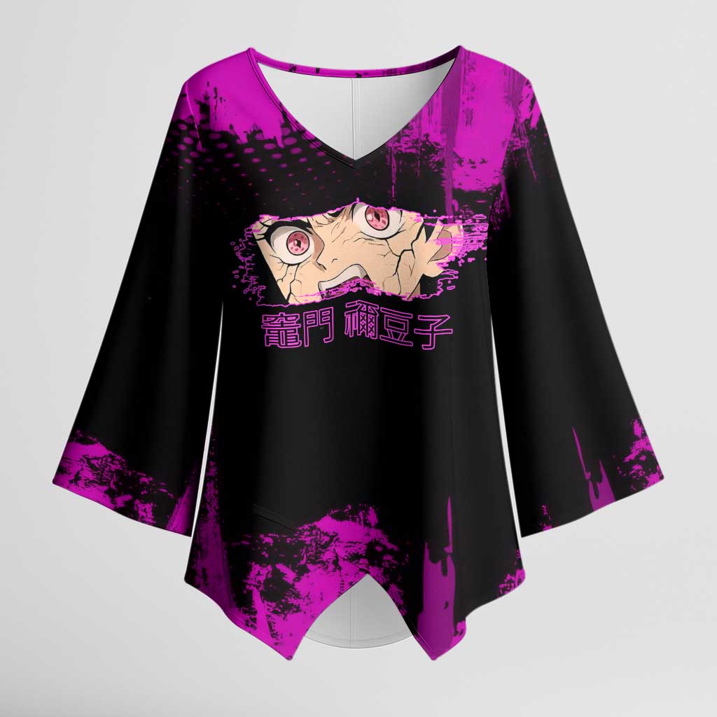 Nezuko Kamado Demon Slayer Pink Grunge Design Kimono Sleeve Blouse with Fierce Eyes and Cute Sitting Pose - The Mazicc