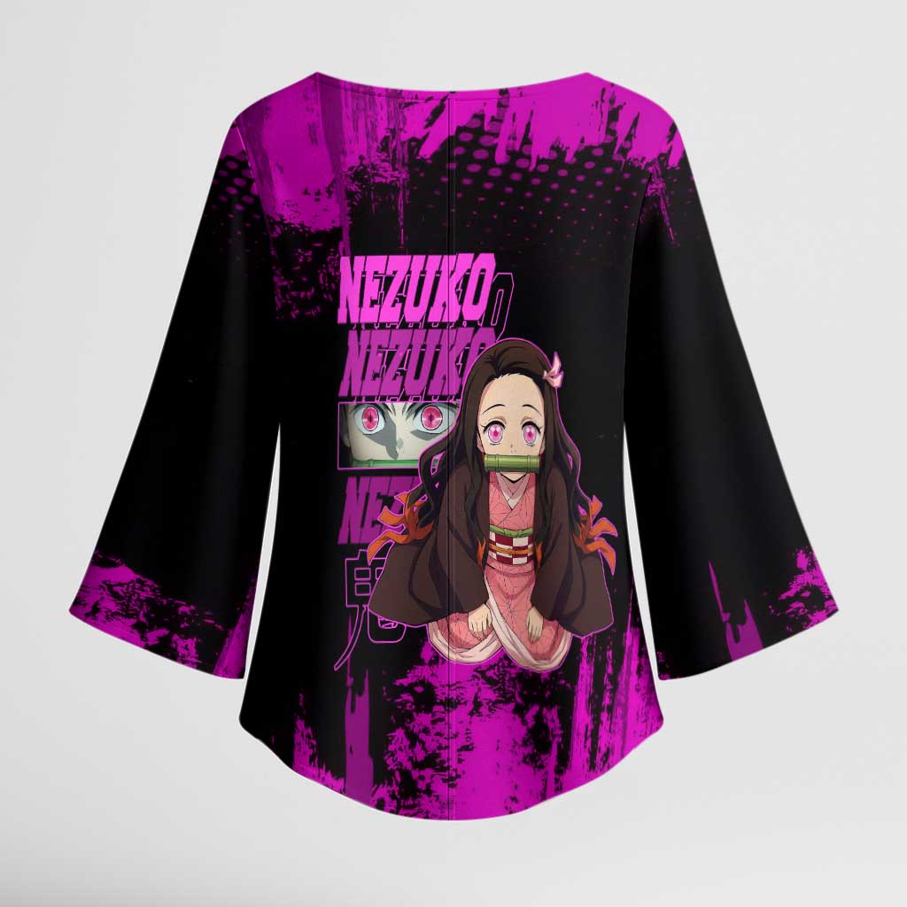 Nezuko Kamado Demon Slayer Pink Grunge Design Kimono Sleeve Blouse with Fierce Eyes and Cute Sitting Pose - The Mazicc