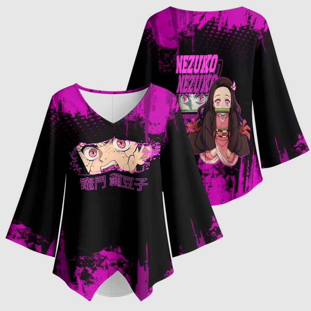 Nezuko Kamado Demon Slayer Pink Grunge Design Kimono Sleeve Blouse with Fierce Eyes and Cute Sitting Pose - The Mazicc