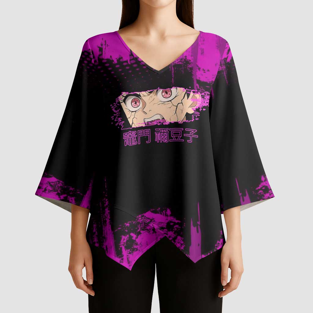 Nezuko Kamado Demon Slayer Pink Grunge Design Kimono Sleeve Blouse with Fierce Eyes and Cute Sitting Pose - The Mazicc