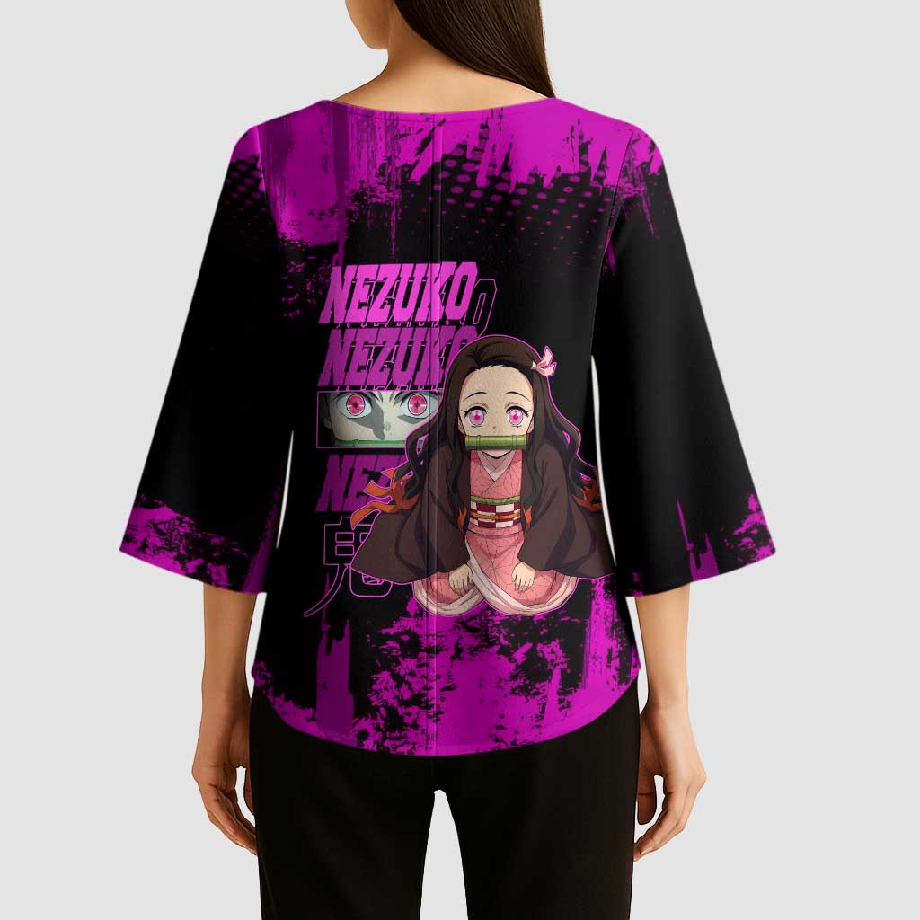 Nezuko Kamado Demon Slayer Pink Grunge Design Kimono Sleeve Blouse with Fierce Eyes and Cute Sitting Pose - The Mazicc
