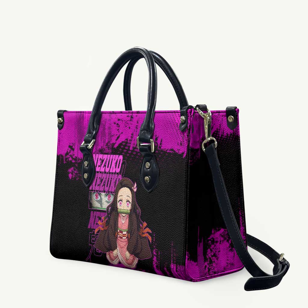 Nezuko Kamado Demon Slayer Pink Grunge Design Leather Bag with Fierce Eyes and Cute Sitting Pose - The Mazicc