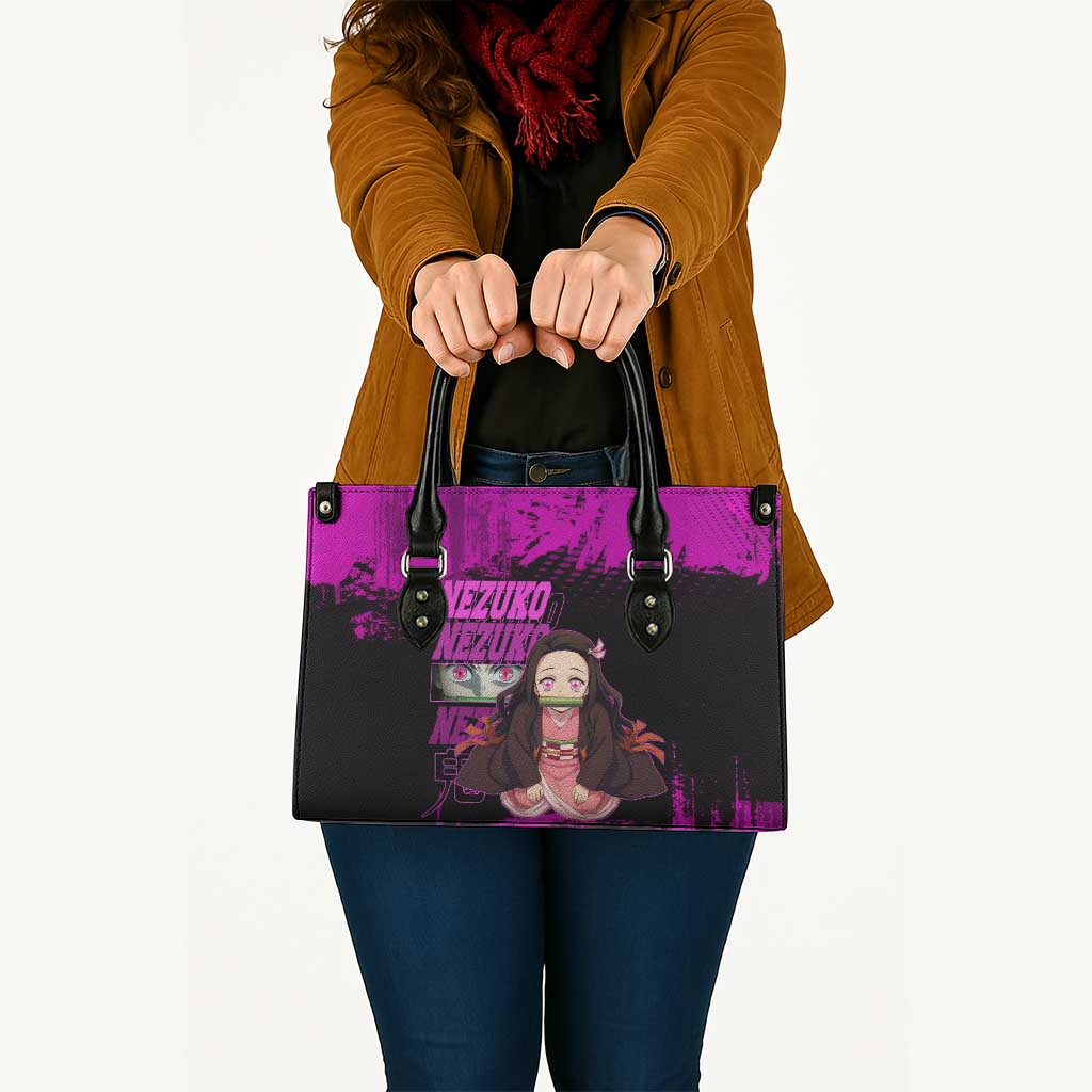 Nezuko Kamado Demon Slayer Pink Grunge Design Leather Bag with Fierce Eyes and Cute Sitting Pose - The Mazicc