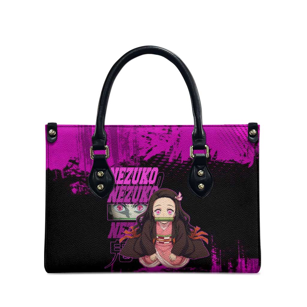 Nezuko Kamado Demon Slayer Pink Grunge Design Leather Bag with Fierce Eyes and Cute Sitting Pose - The Mazicc