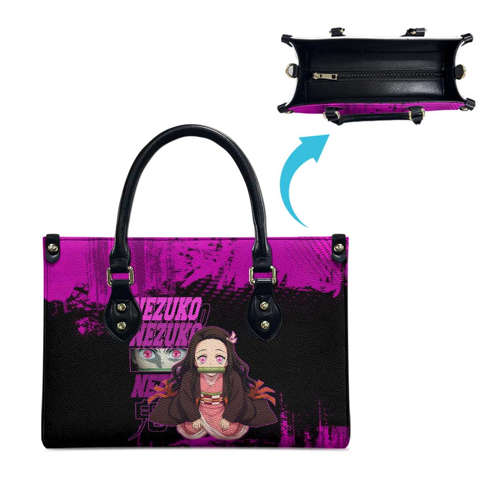 Nezuko Kamado Demon Slayer Pink Grunge Design Leather Bag with Fierce Eyes and Cute Sitting Pose - The Mazicc