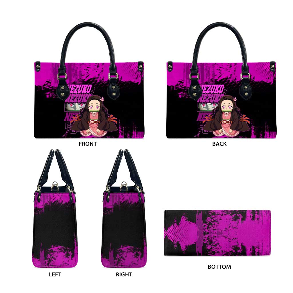 Nezuko Kamado Demon Slayer Pink Grunge Design Leather Bag with Fierce Eyes and Cute Sitting Pose - The Mazicc