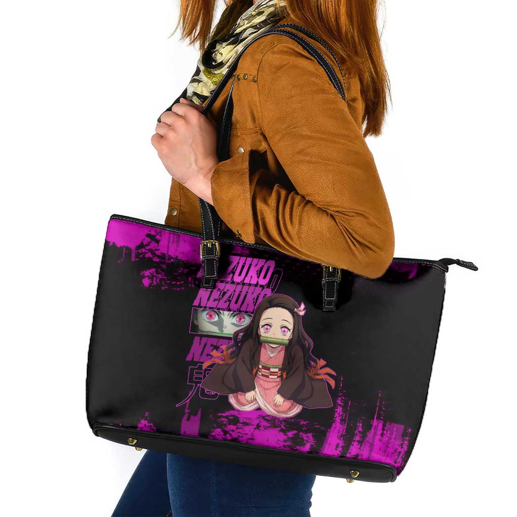 Nezuko Kamado Demon Slayer Pink Grunge Design Leather Tote Bag with Fierce Eyes and Cute Sitting Pose - The Mazicc