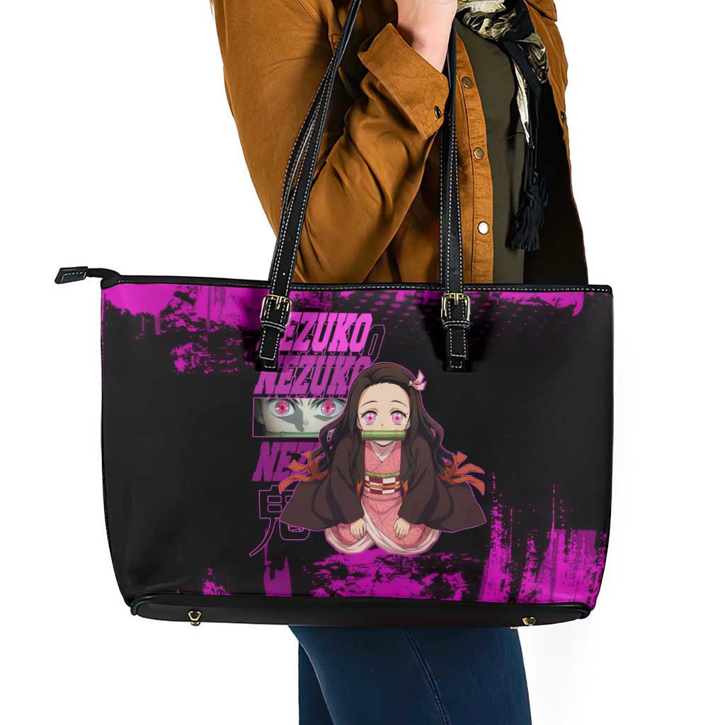 Nezuko Kamado Demon Slayer Pink Grunge Design Leather Tote Bag with Fierce Eyes and Cute Sitting Pose - The Mazicc