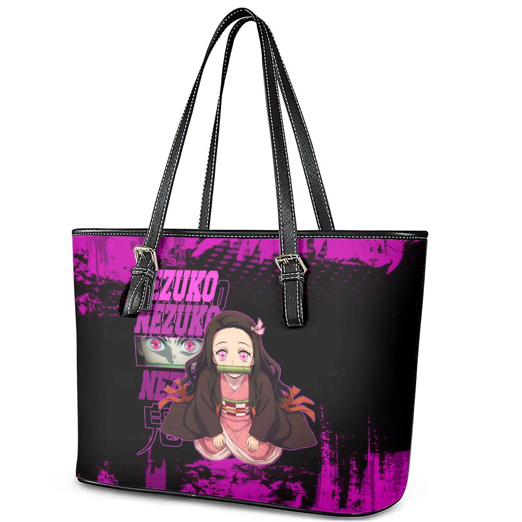 Nezuko Kamado Demon Slayer Pink Grunge Design Leather Tote Bag with Fierce Eyes and Cute Sitting Pose - The Mazicc