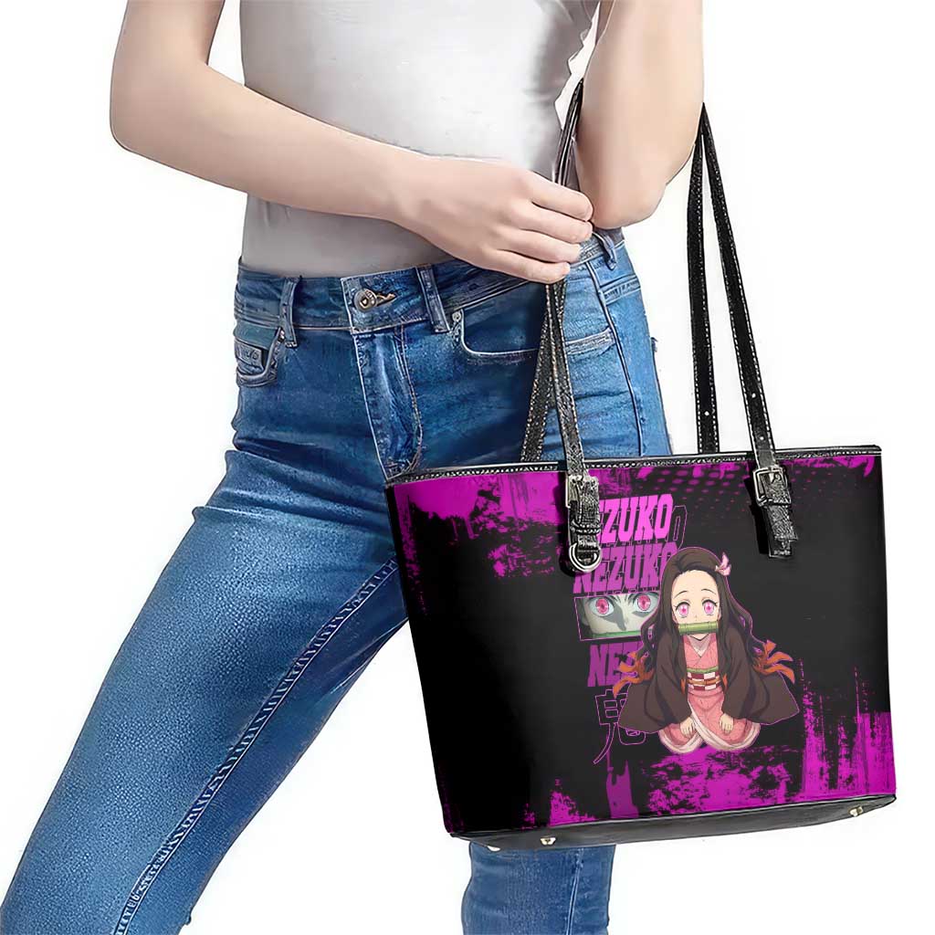 Nezuko Kamado Demon Slayer Pink Grunge Design Leather Tote Bag with Fierce Eyes and Cute Sitting Pose - The Mazicc