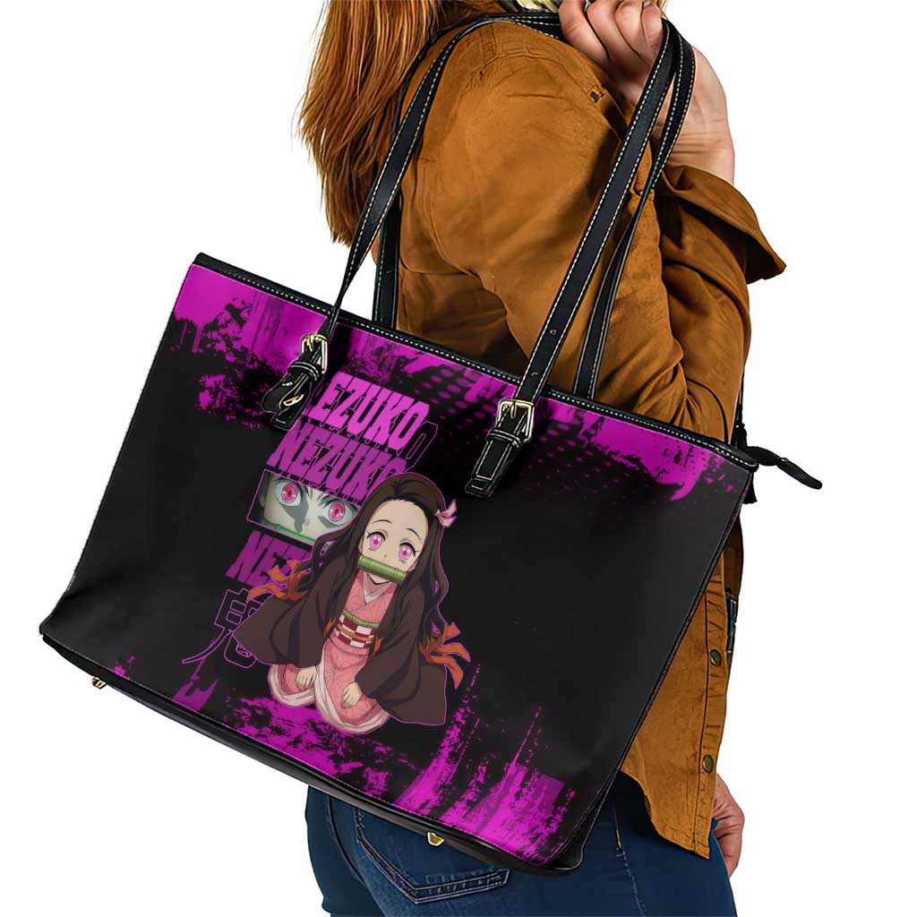 Nezuko Kamado Demon Slayer Pink Grunge Design Leather Tote Bag with Fierce Eyes and Cute Sitting Pose - The Mazicc