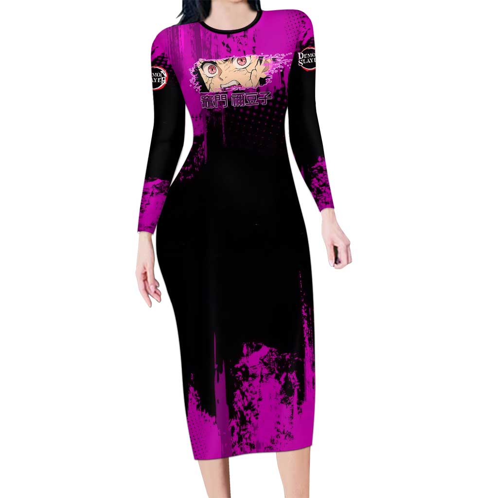 Nezuko Kamado Demon Slayer Pink Grunge Design Long Sleeve Bodycon Dress with Fierce Eyes and Cute Sitting Pose - The Mazicc