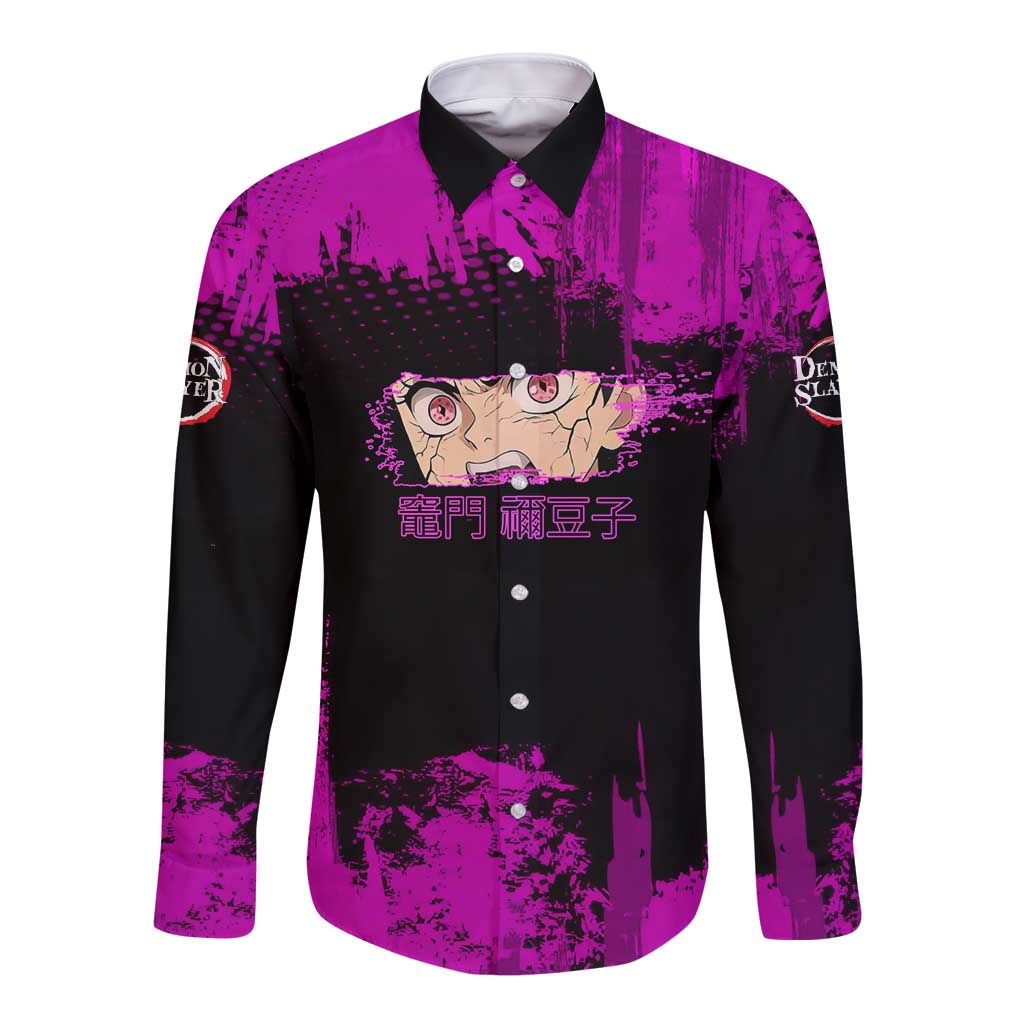 Nezuko Kamado Demon Slayer Pink Grunge Design Long Sleeve Button Shirt with Fierce Eyes and Cute Sitting Pose - The Mazicc