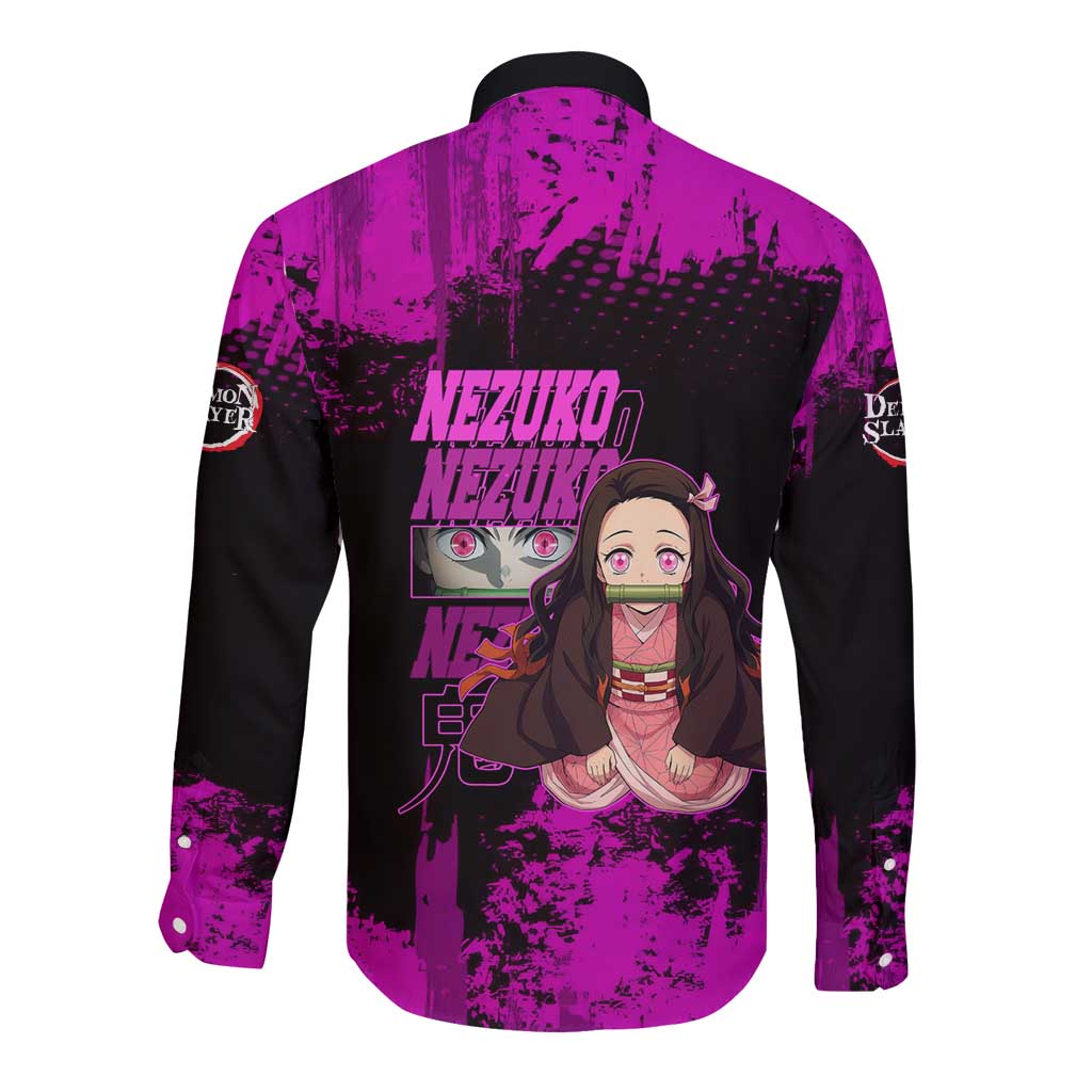 Nezuko Kamado Demon Slayer Pink Grunge Design Long Sleeve Button Shirt with Fierce Eyes and Cute Sitting Pose - The Mazicc