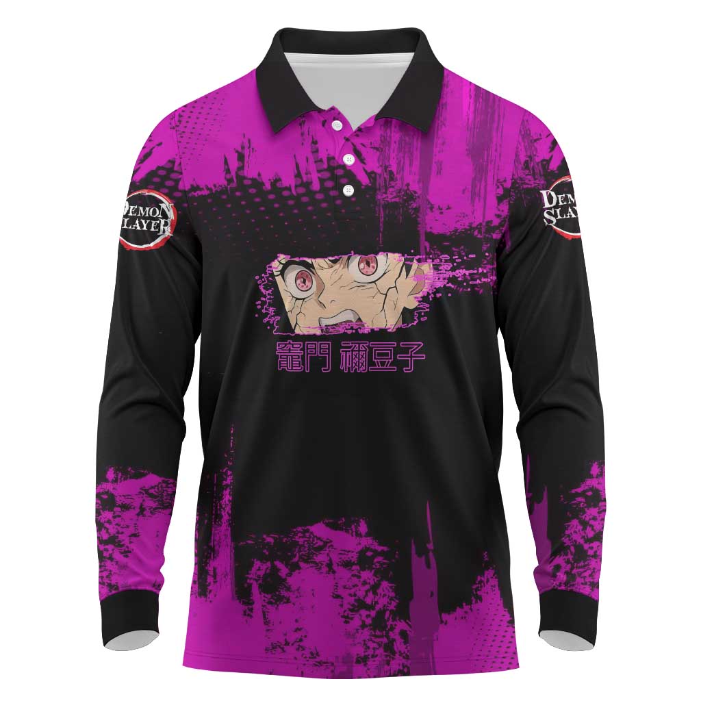Nezuko Kamado Demon Slayer Pink Grunge Design Long Sleeve Polo Shirt with Fierce Eyes and Cute Sitting Pose - The Mazicc